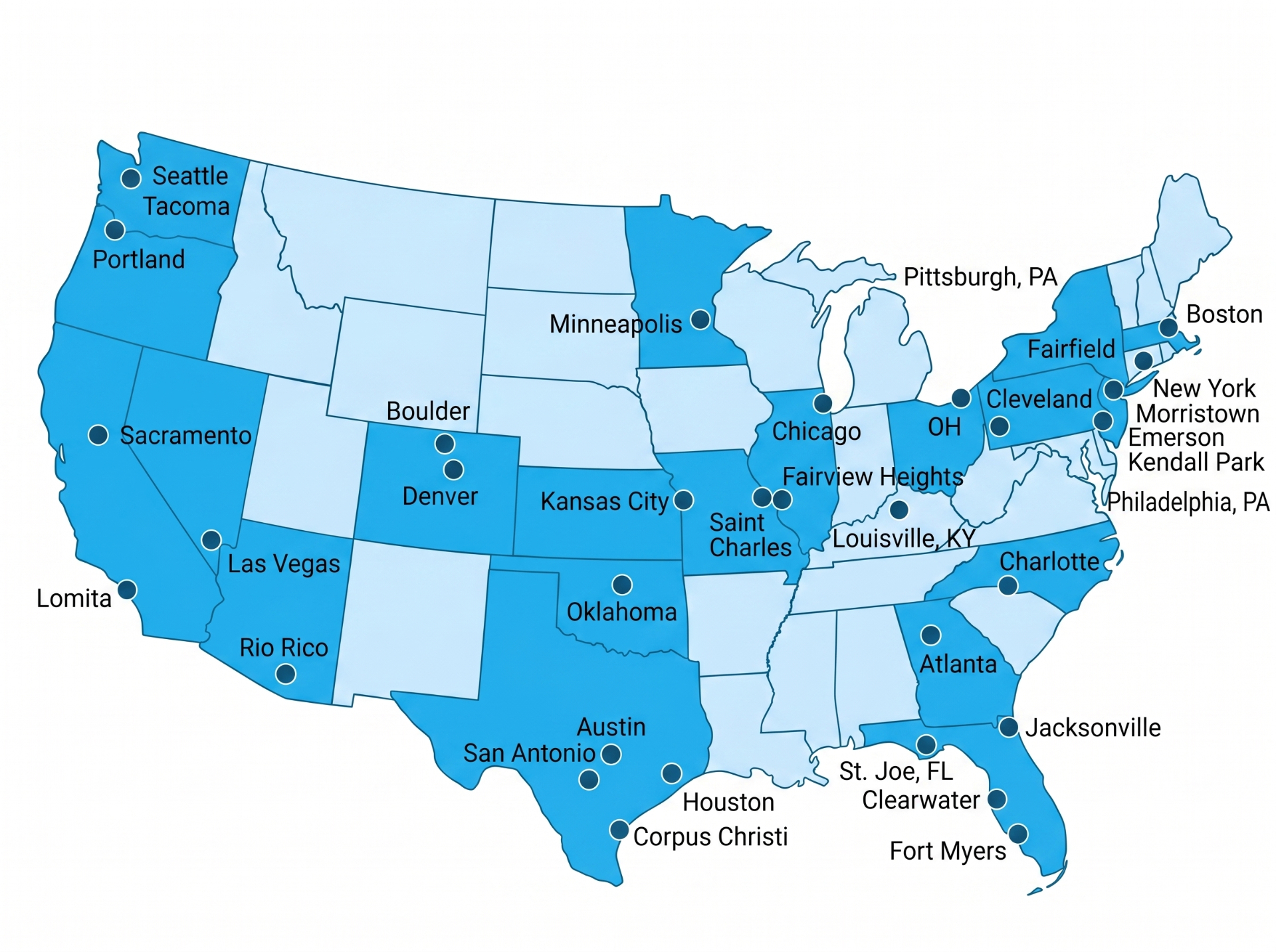 Map of U.S. cities and states served by FixCall AI appliance repair receptionist